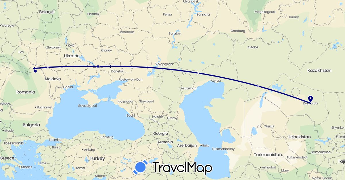 TravelMap itinerary: driving in Kazakhstan, Ukraine (Asia, Europe)